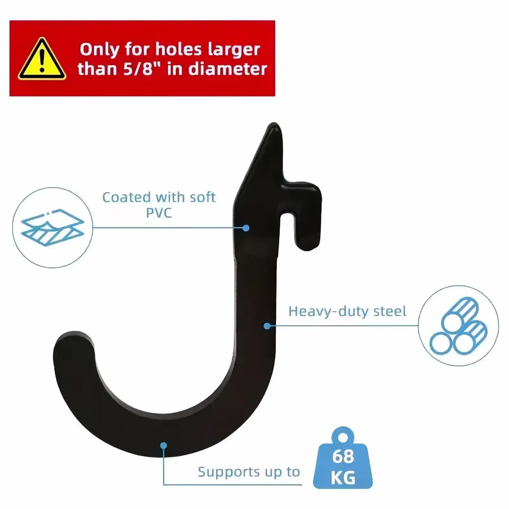 Black heavy-duty steel squat rack storage hook coated with soft pvc for holes larger than 5/8 inch diameter supporting up to 68 kg