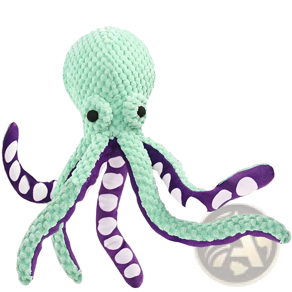 Squeaky octopus plush pet toy with textured fabric mint green body and purple tentacles with white spots