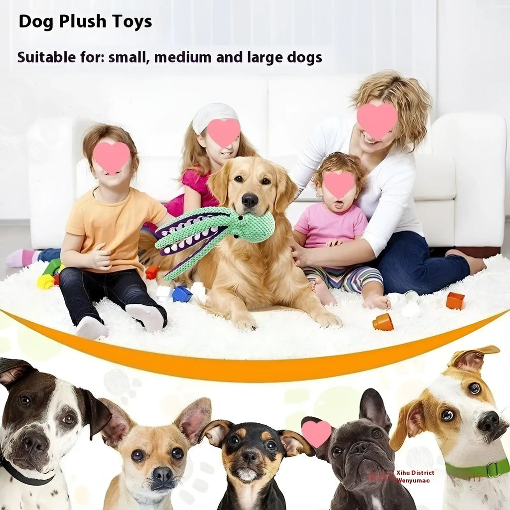 Green plush alligator-shaped dog toy with white teeth and textured fabric designed as a squeaky pet toy
