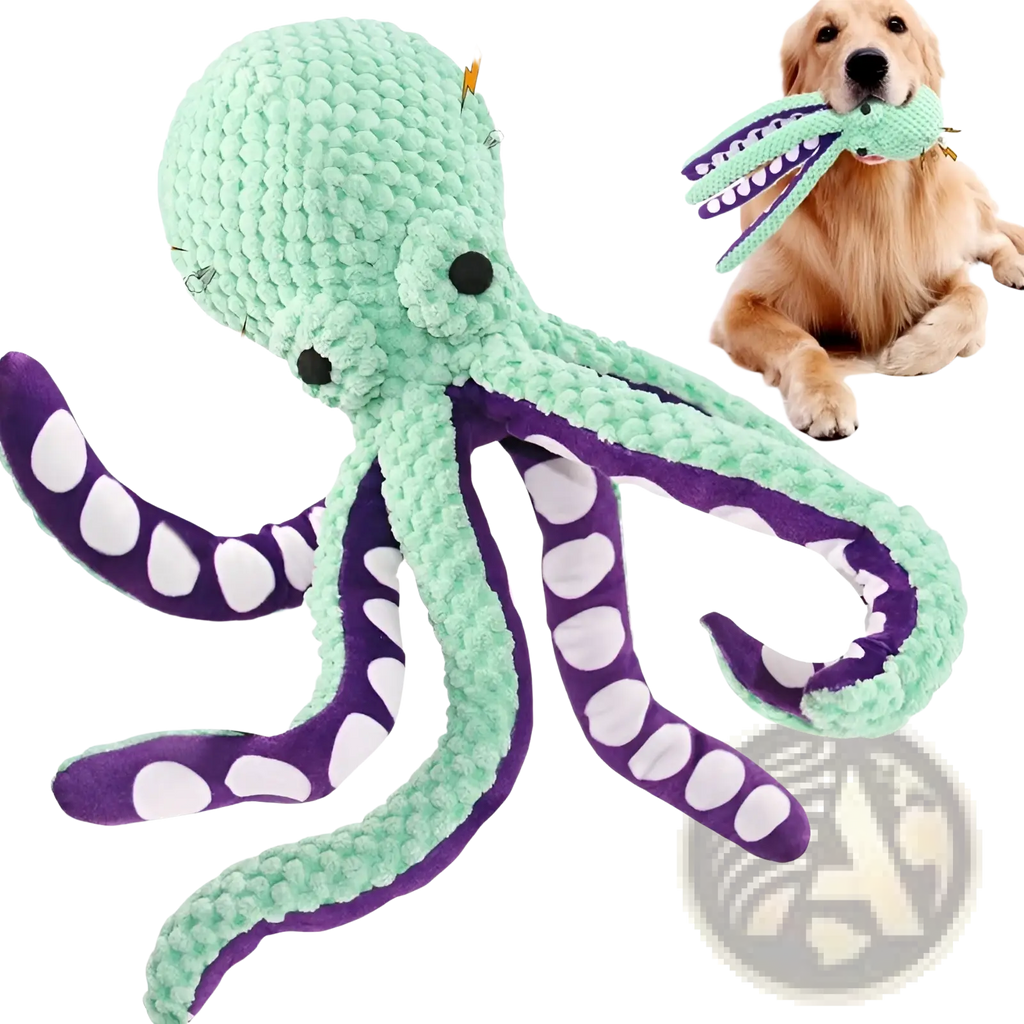 A plush mint green and purple squeaky octopus pet toy with textured fabric and white suction cup details