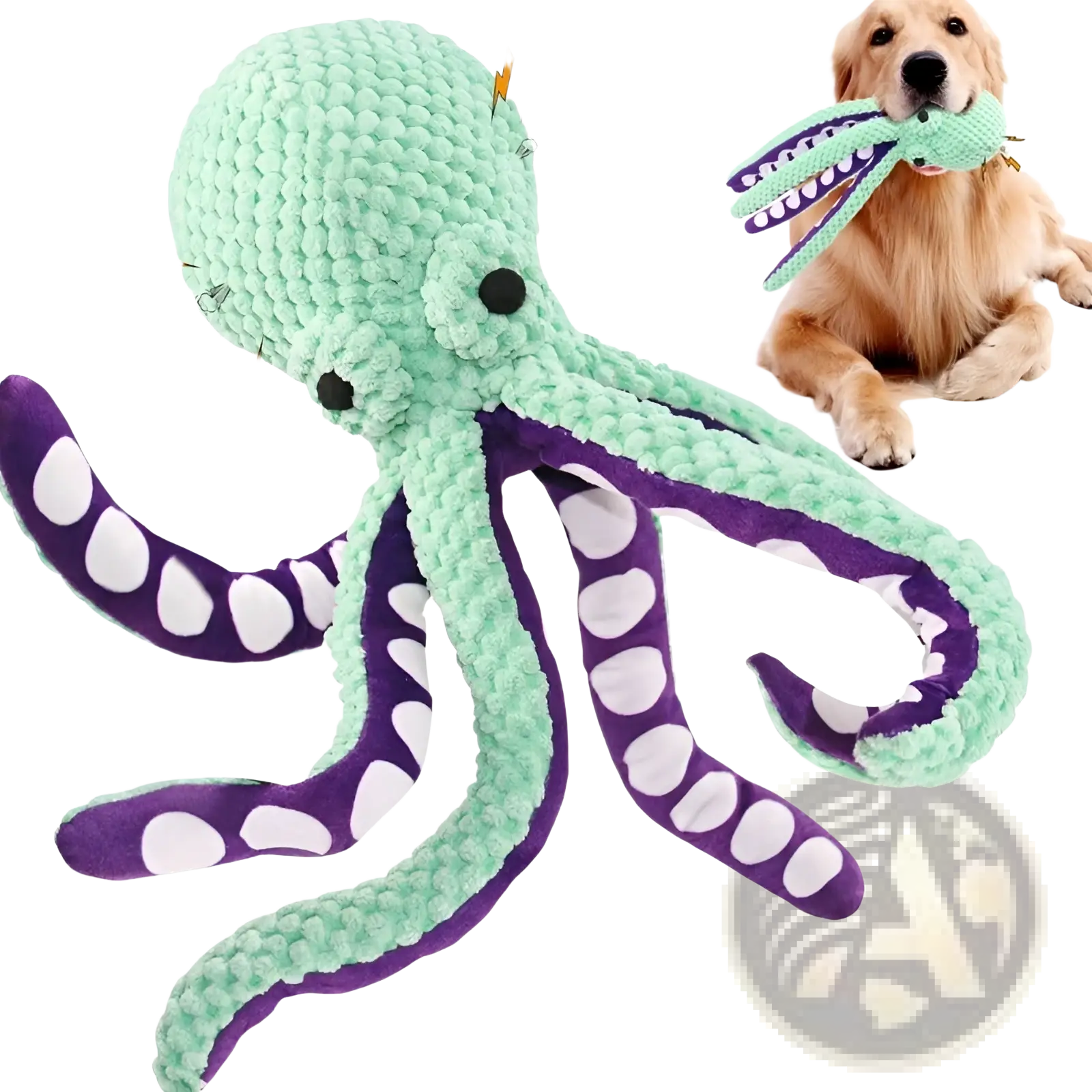 A plush mint green and purple squeaky octopus pet toy with textured fabric and white suction cup details