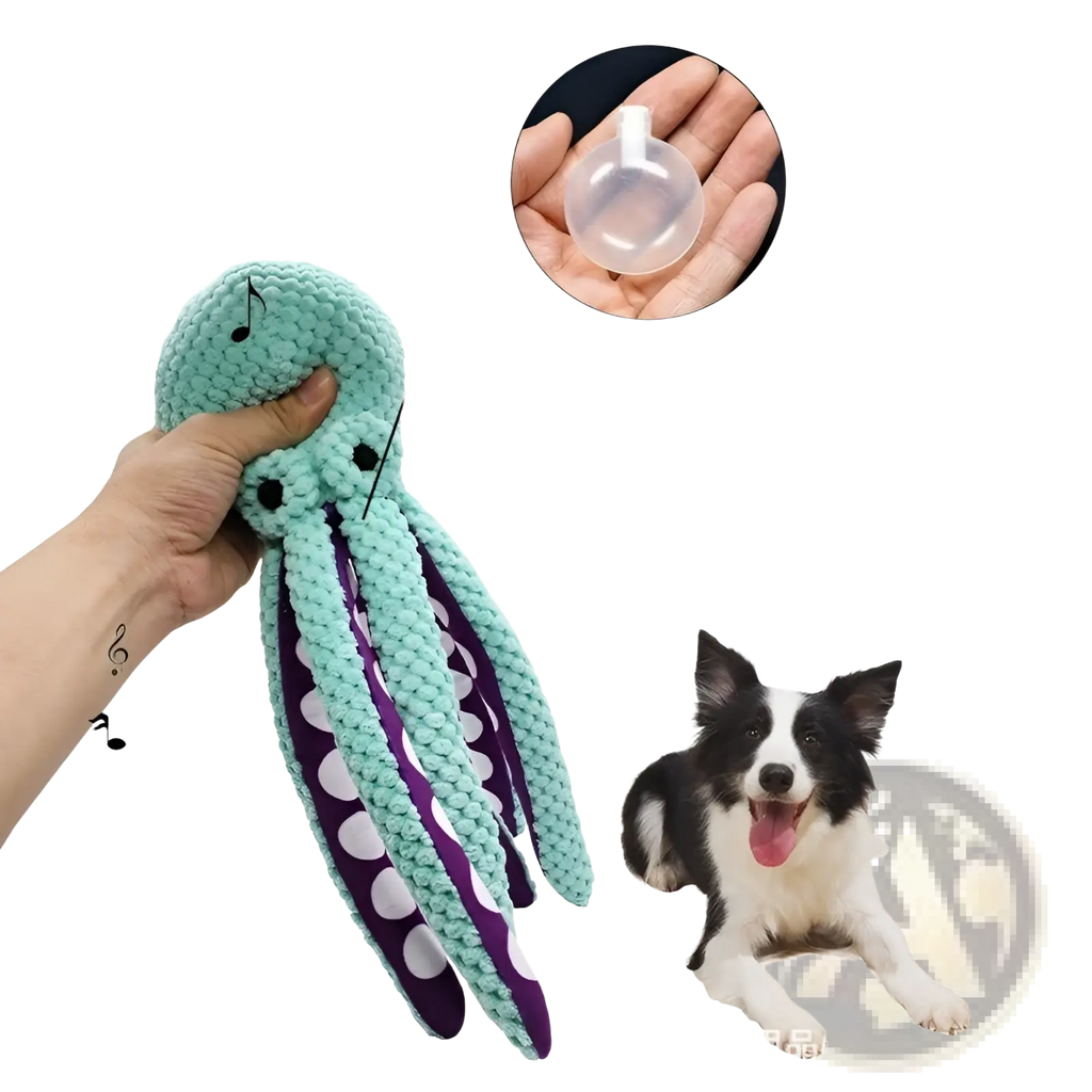 Teal and purple crocheted octopus plush toy with white polka dots and built-in sound generating airbag for interactive play
