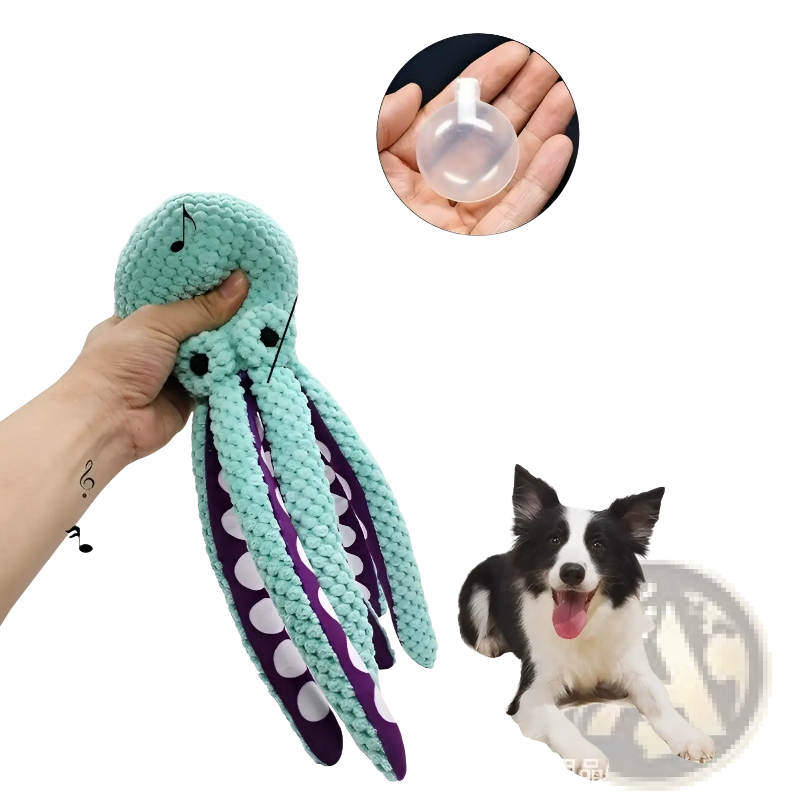 Teal and purple crocheted octopus plush toy with white polka dots and built-in sound generating airbag for interactive play