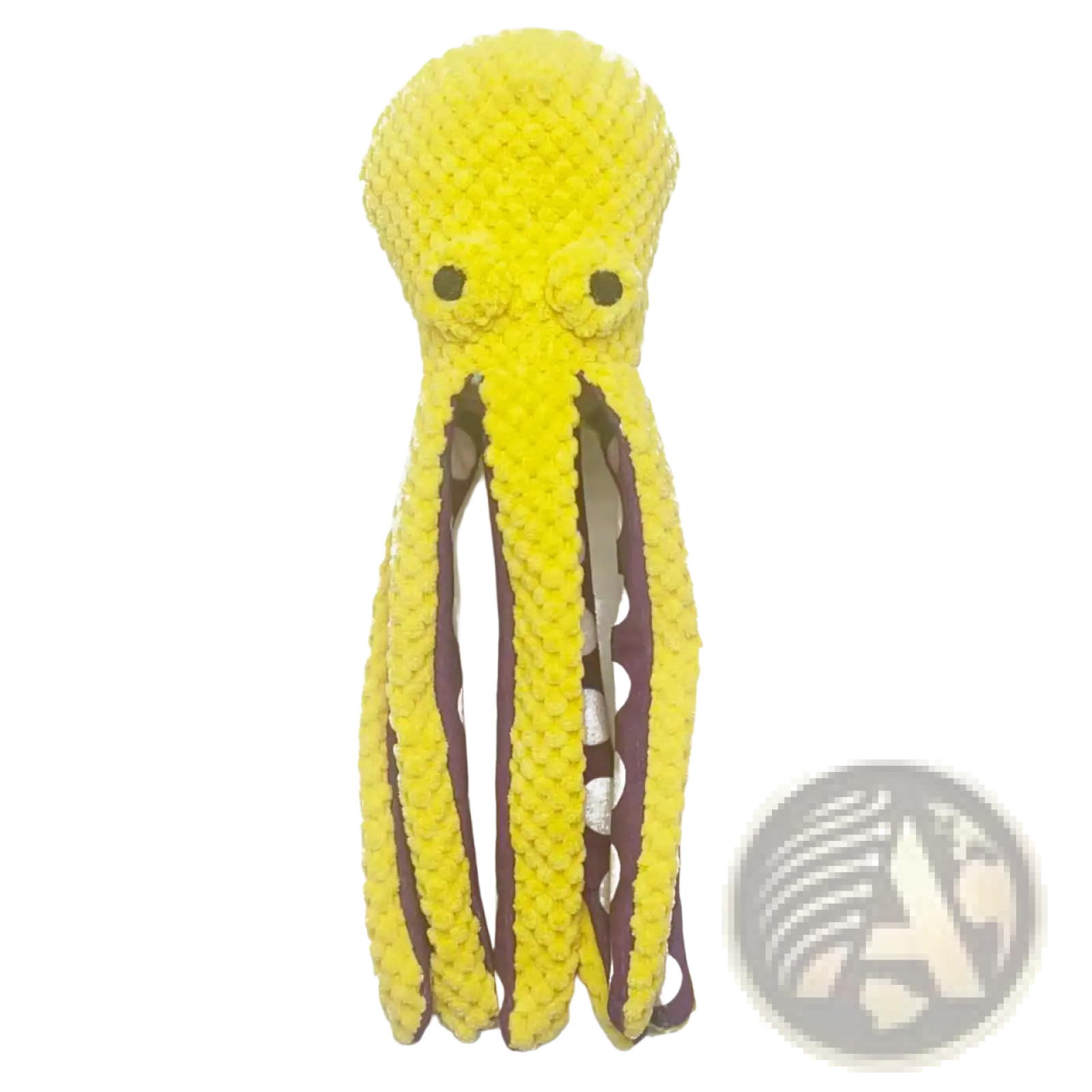 Bright yellow textured crochet squeaky octopus plush pet toy with dark brown accents along tentacles