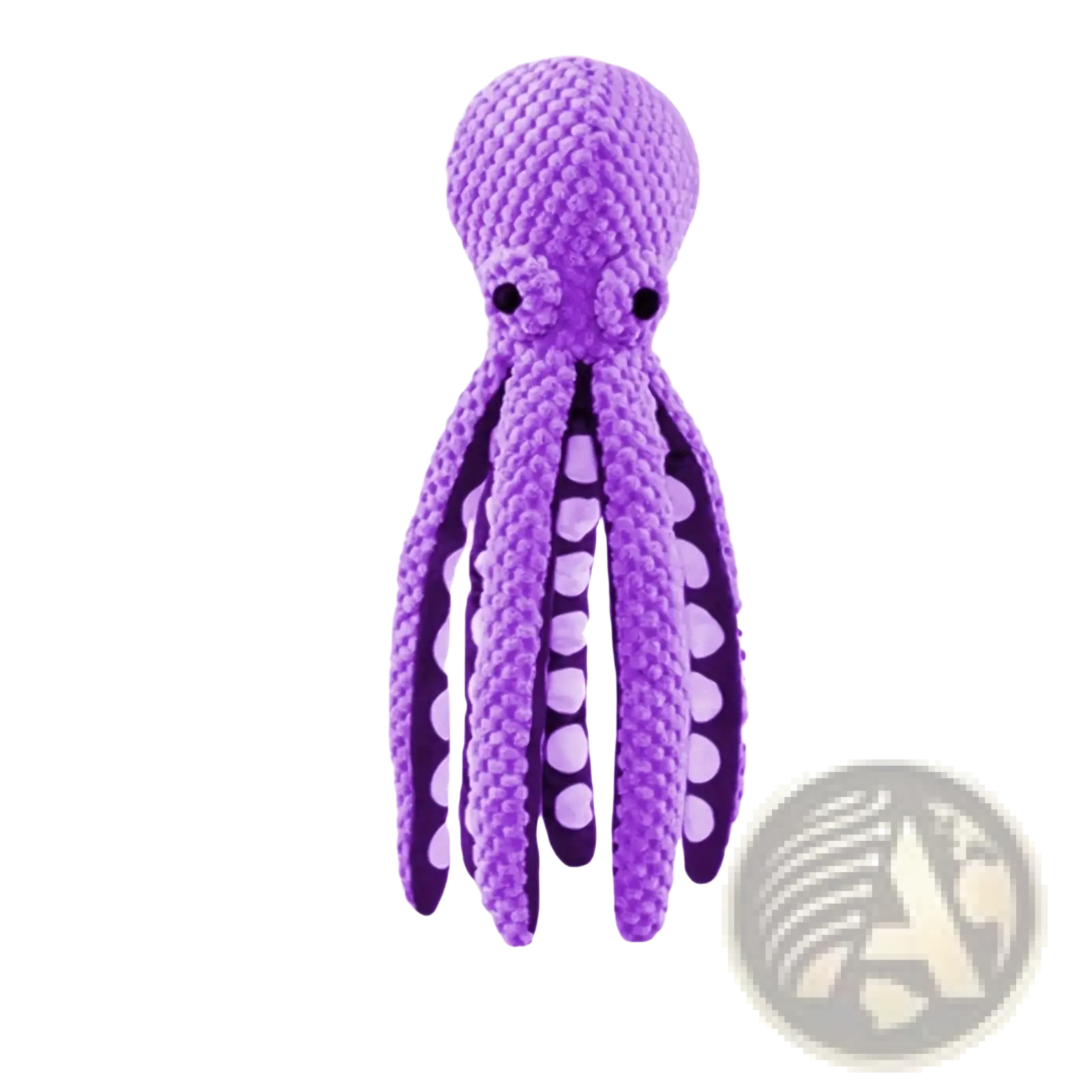 A plush purple squeaky octopus pet toy with textured crocheted fabric and white spots on its tentacles