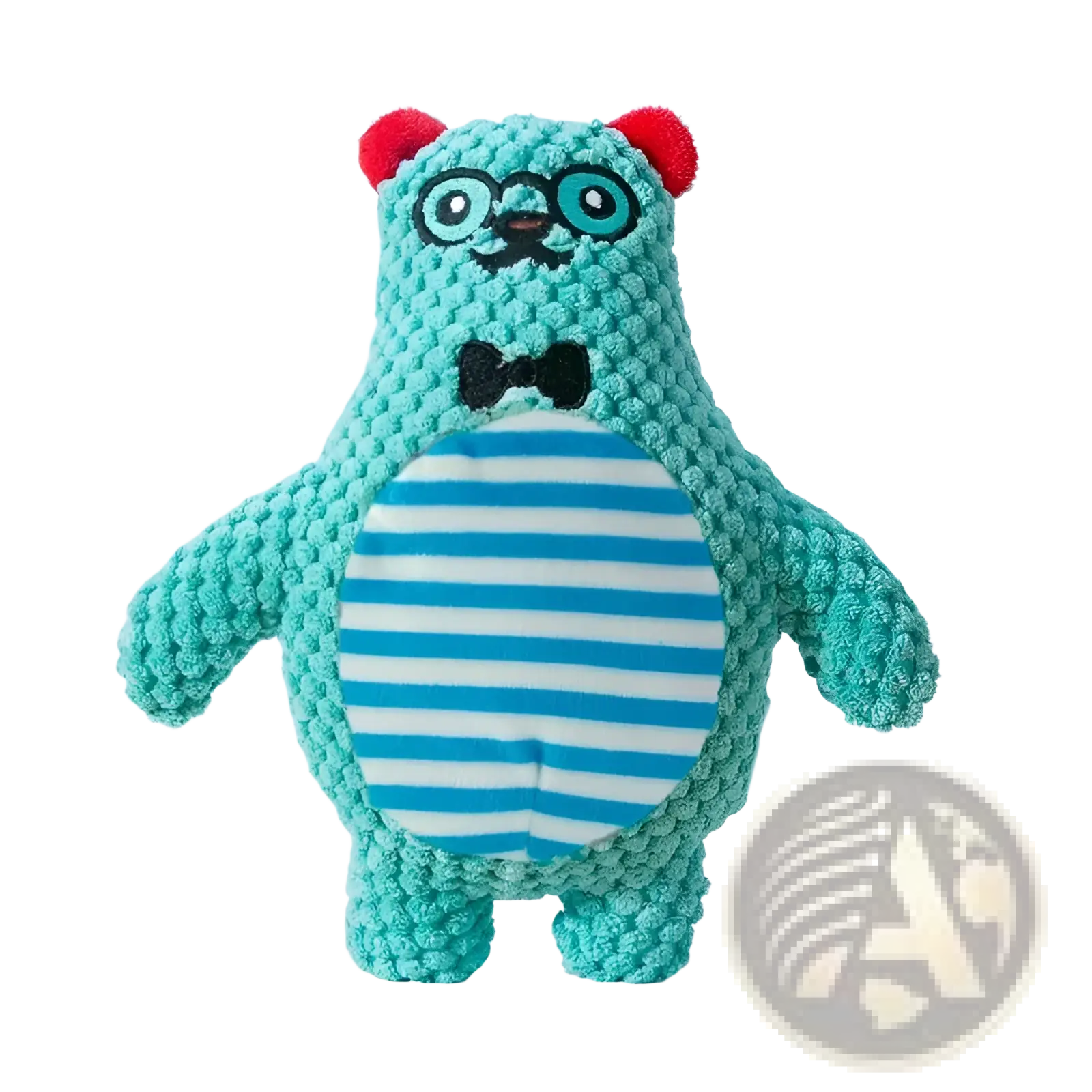 A teal crocheted bear squeaky plush dog toy with red ears black glasses bow tie and blue white striped belly