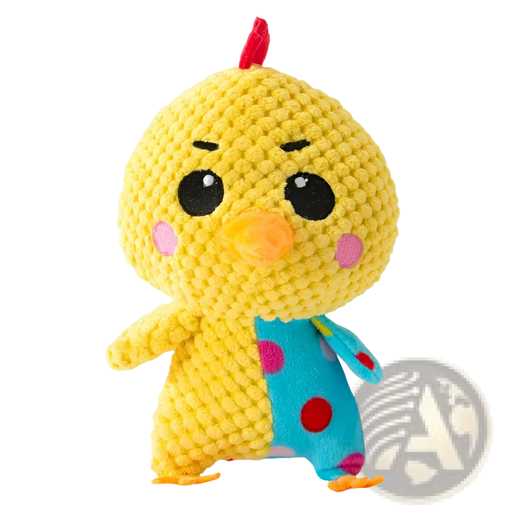 A yellow crocheted chick plush squeaky dog toy with black eyes pink cheeks and blue polka-dot overalls for molar chewing