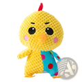 A yellow crocheted chick plush squeaky dog toy with black eyes pink cheeks and blue polka-dot overalls for molar chewing