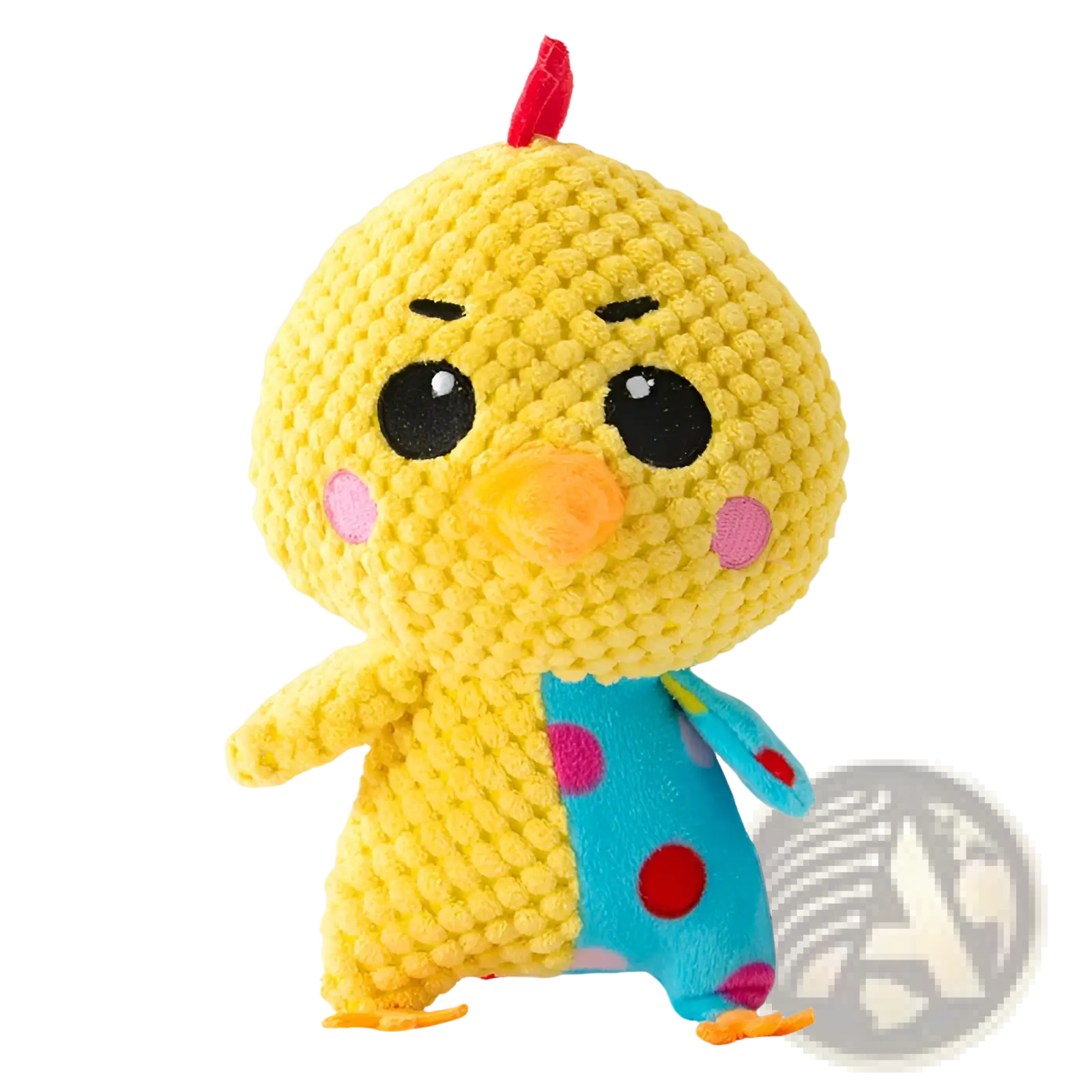 A yellow crocheted chick plush squeaky dog toy with black eyes pink cheeks and blue polka-dot overalls for molar chewing