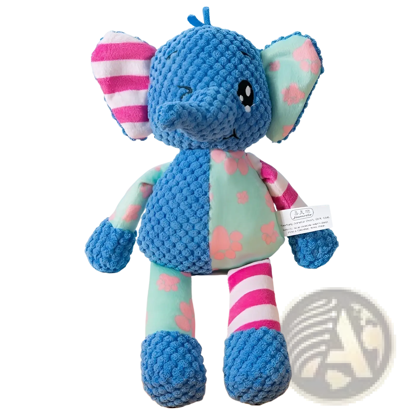 A blue knitted elephant squeaky plush dog toy with striped fabric accents designed for interactive molar chewing