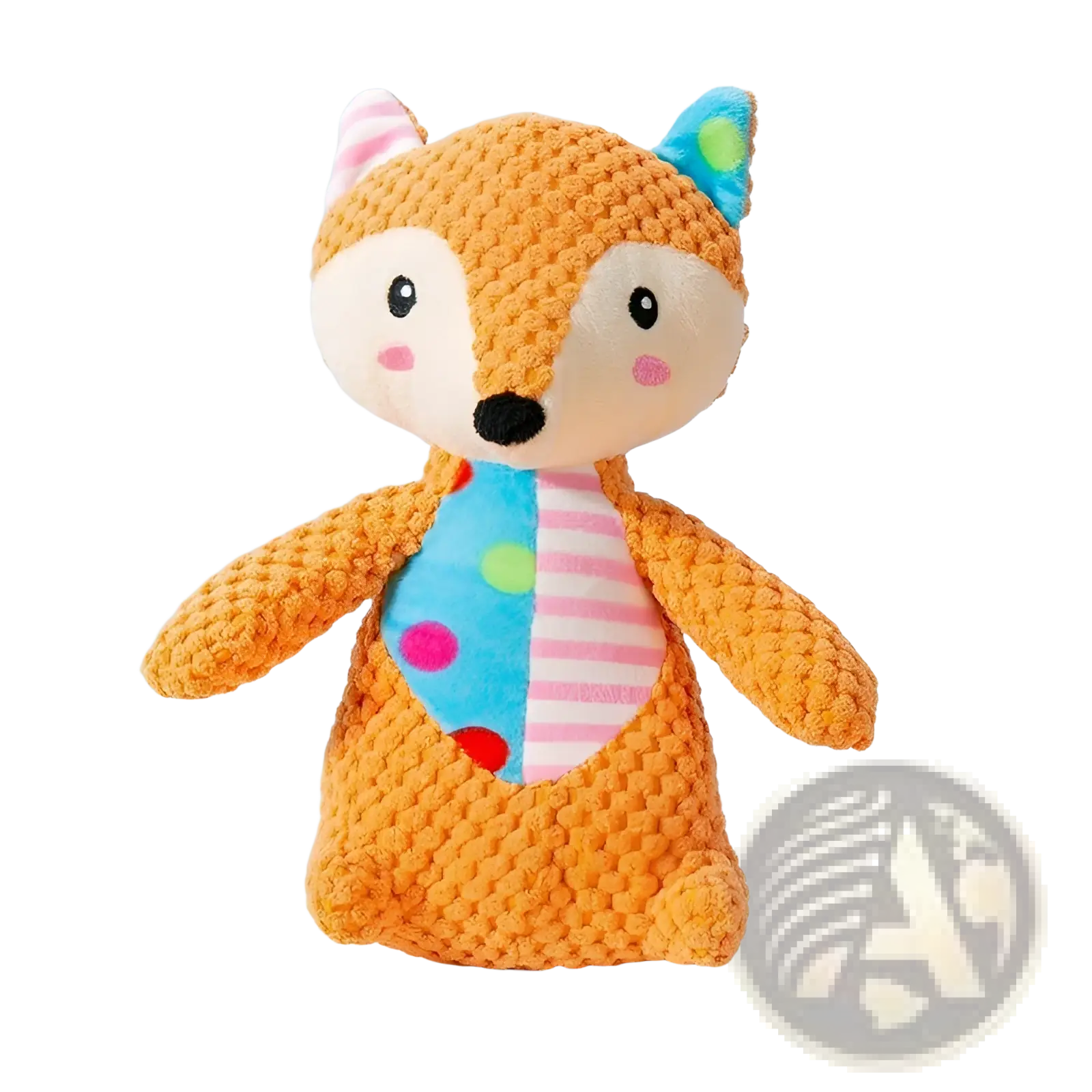 Orange knitted fox squeaky plush dog toy with colorful polka dot bib and interactive molar chew design