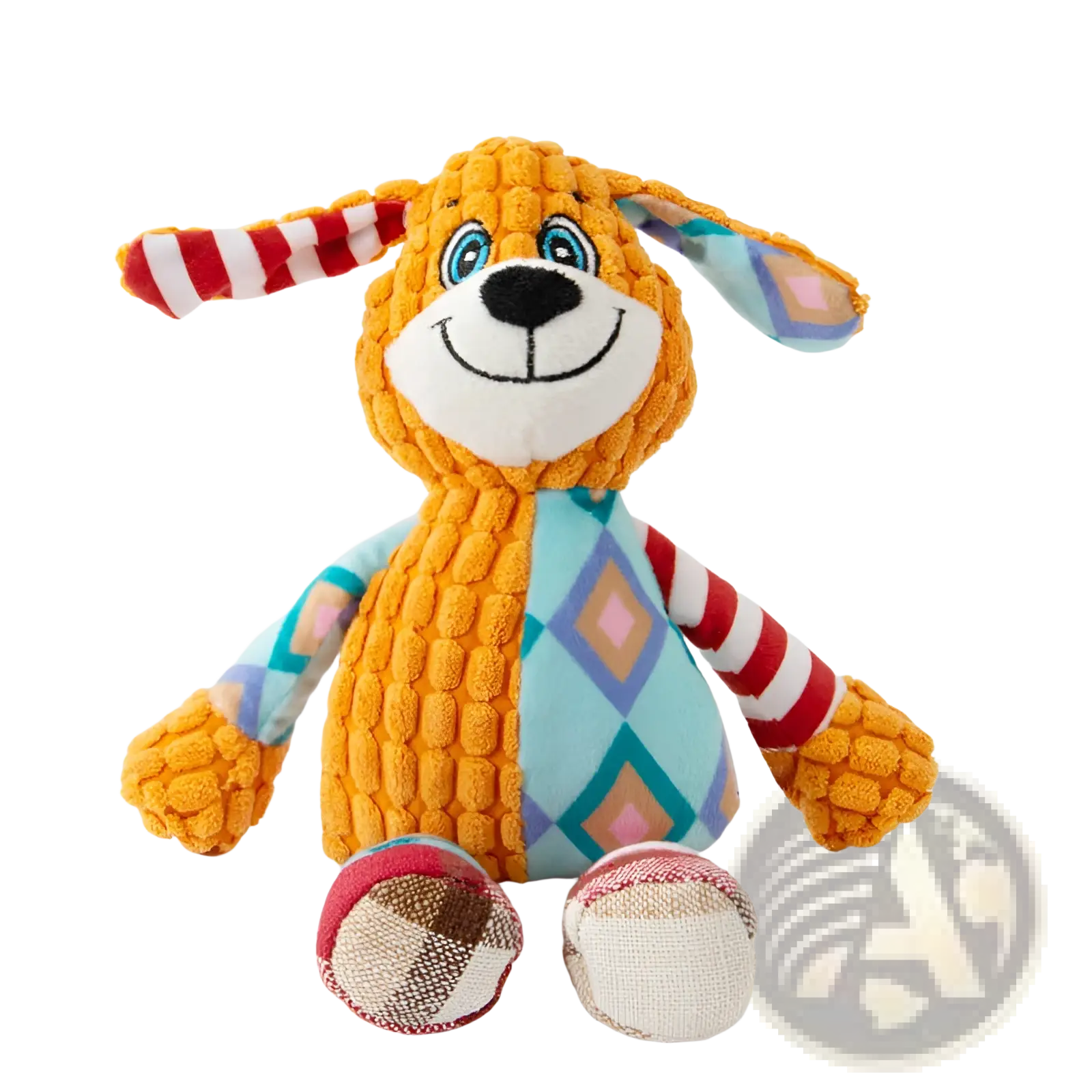 A cheerful orange and blue patterned squeaky plush dog toy with textured fabric and interactive molar chew design