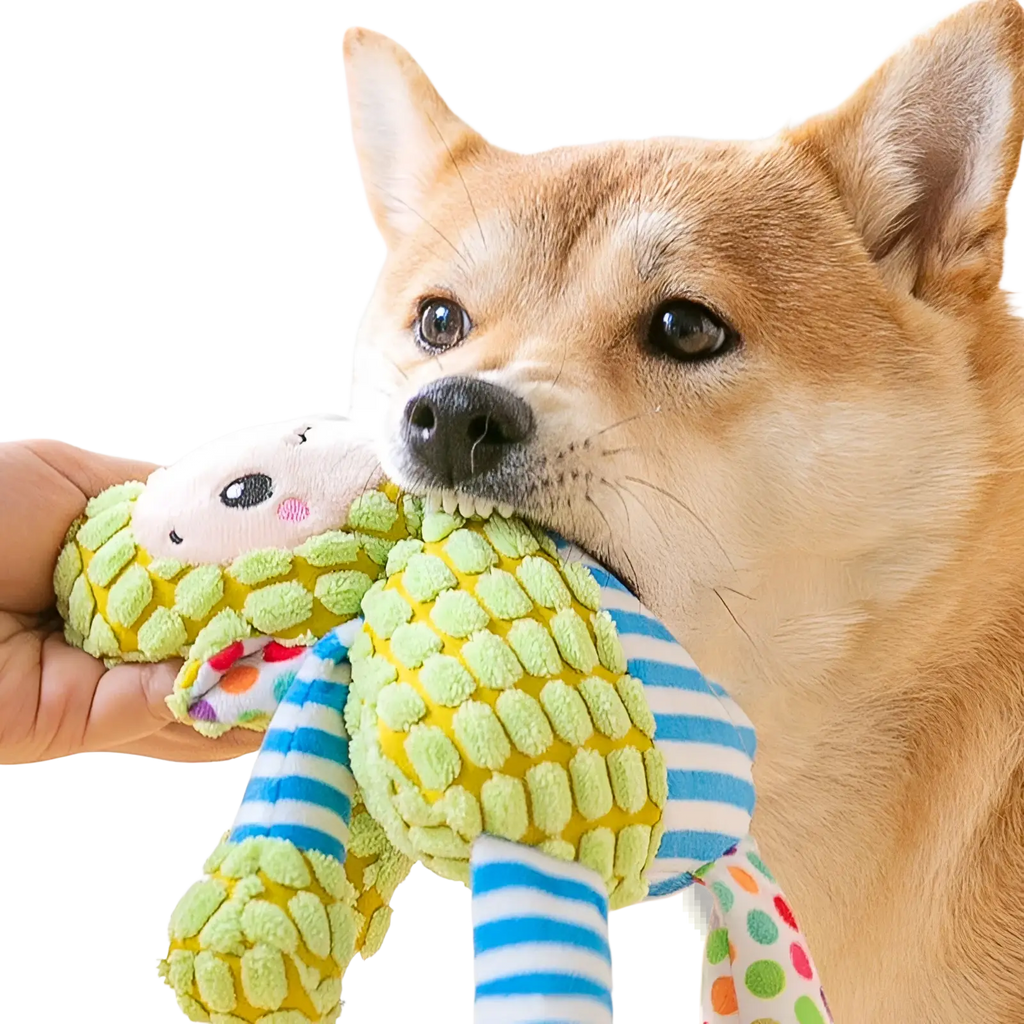 A plush lime green and yellow squeaky dog toy with blue and white striped limbs for interactive molar chewing