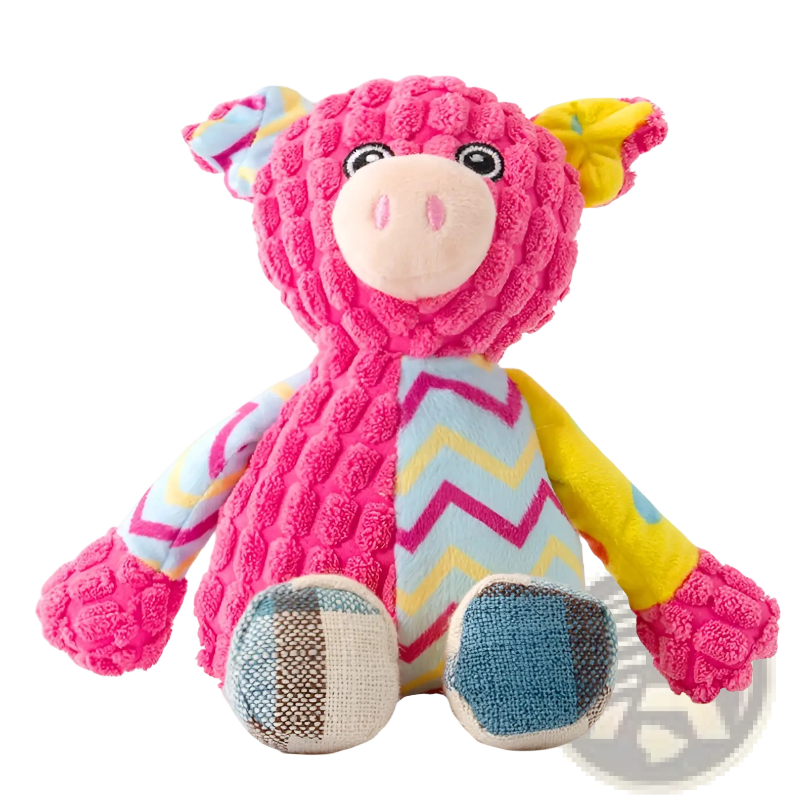 A vibrant pink squeaky plush dog toy made of textured corduroy fabric with colorful patchwork and zigzag patterns