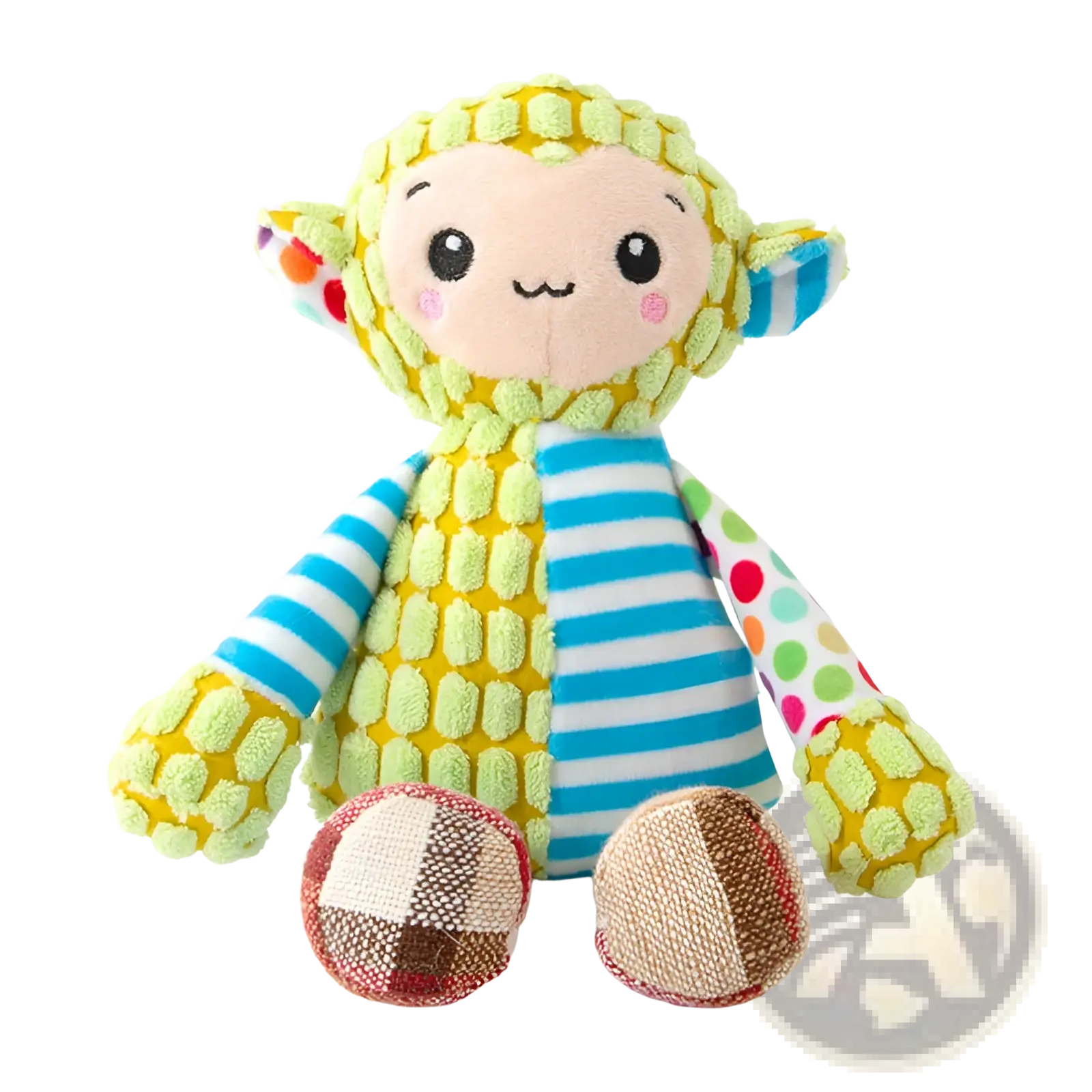 A squeaky plush dog toy in yellow and blue striped patchwork design with polka dot and checkered feet patterns