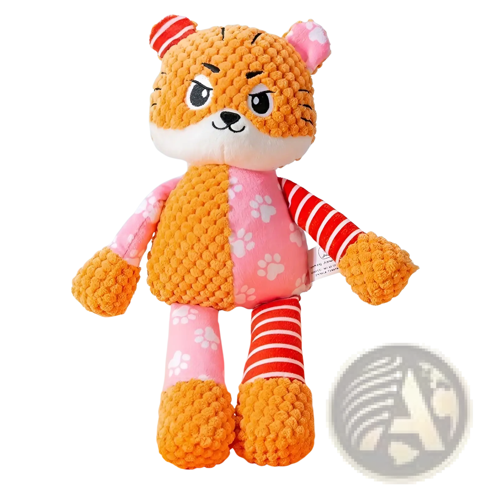 A plush orange tiger squeaky dog toy with pink and red striped sleeves legs and ears featuring white paw prints