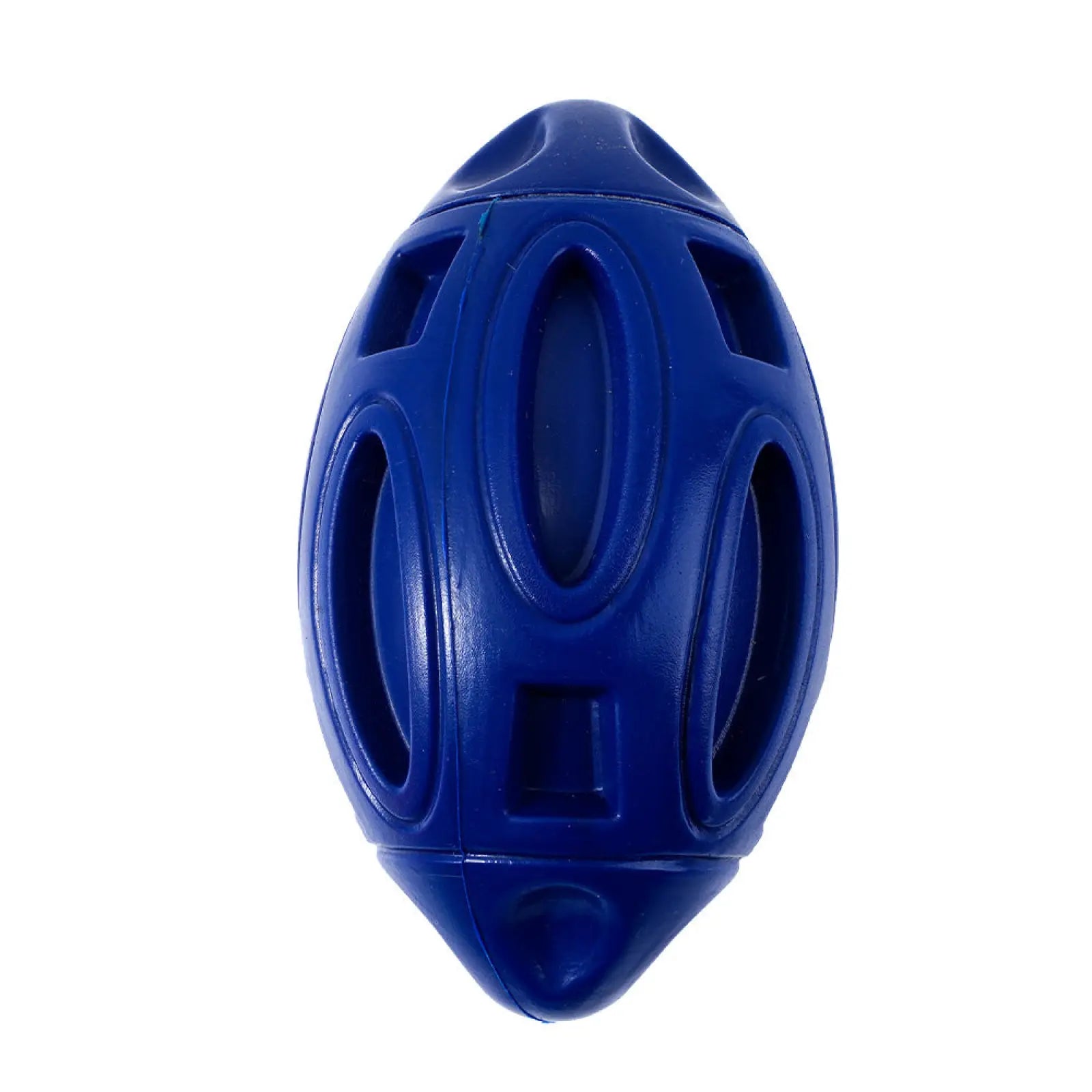 Blue plastic squeaky rubber dog rugby ball with oval and rectangular cutouts for durable fetch play