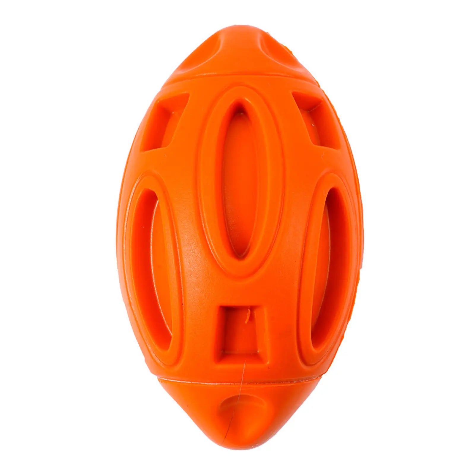 Bright orange oval-shaped squeaky rubber dog rugby ball with cut-out openings and textured surface for fetch