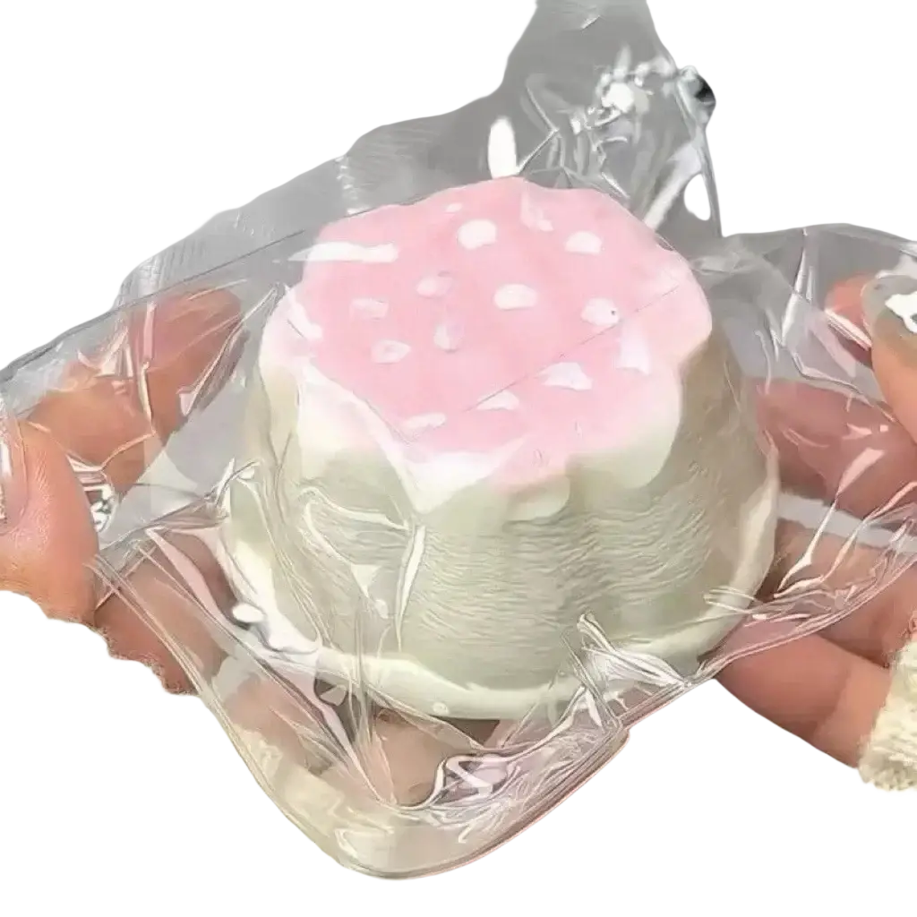 A pink and white strawberry-shaped slow rising kawaii dessert squeeze toy with glossy soft texture for stress relief