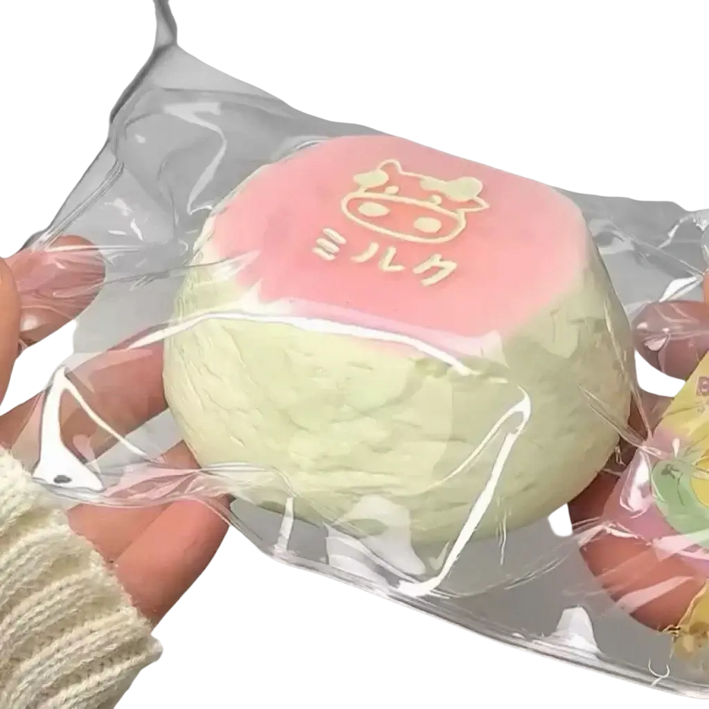 A pink and mint green silicone squeeze toy milk cow with gold japanese ミルク text for stress relief