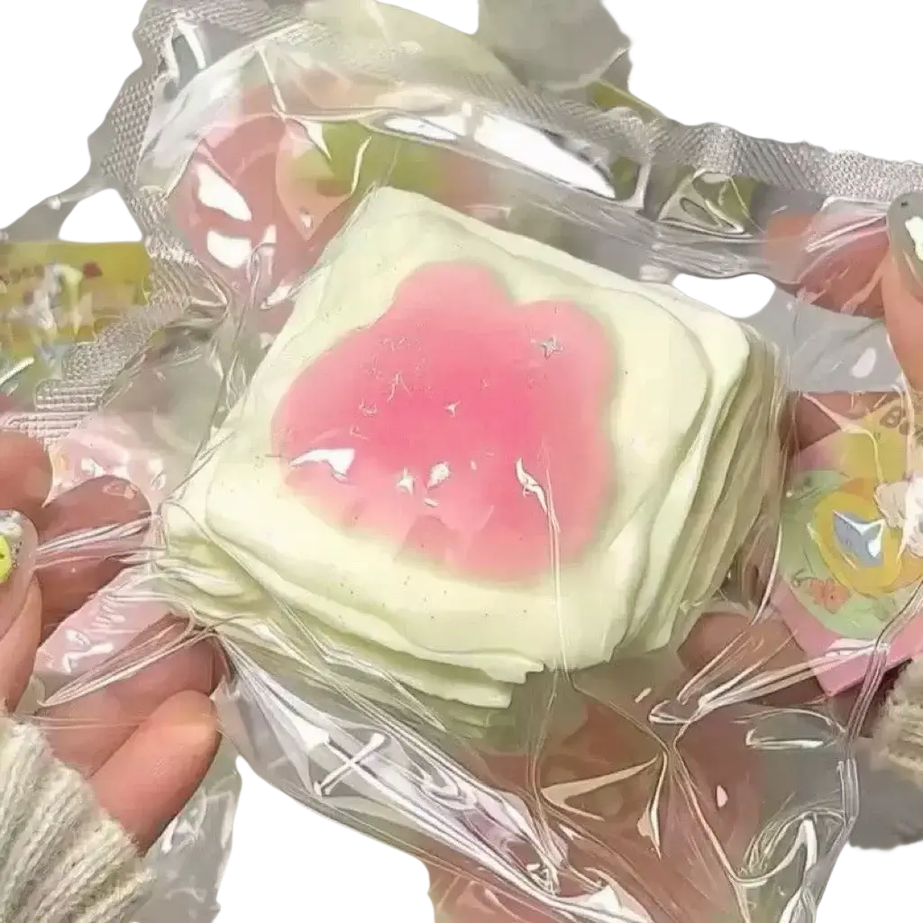 A stack of pastel green square squeeze toys with pink jelly-like centers and glittery details for stress relief