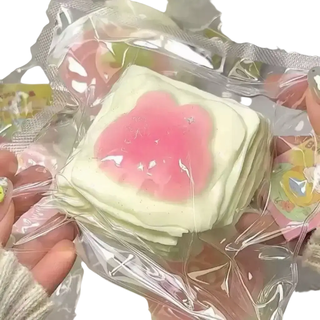 A stack of pastel green square squeeze toys with pink flower design slow rising kawaii sensory stress relief