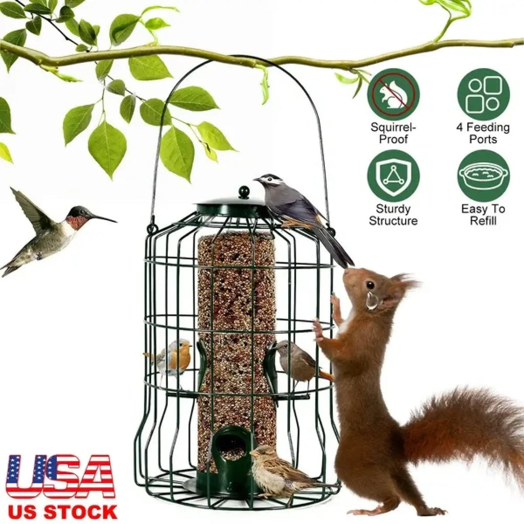 Green metal squirrel proof bird feeder with cage design hanging handle and four feeding ports for multiple birds