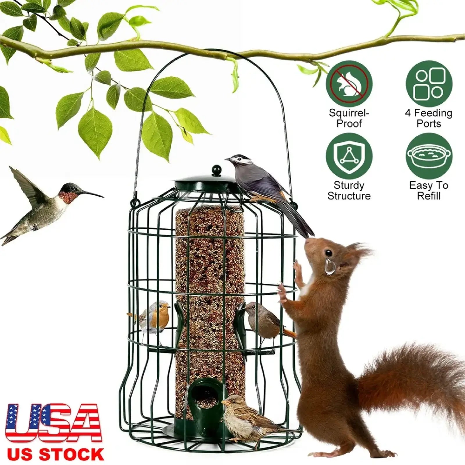 Green metal squirrel proof bird feeder with wire cage design and four feeding ports for hanging use