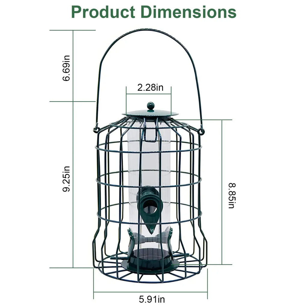 Squirrel proof metal bird feeder with green wire cage, clear plastic tube, and four black feeding ports