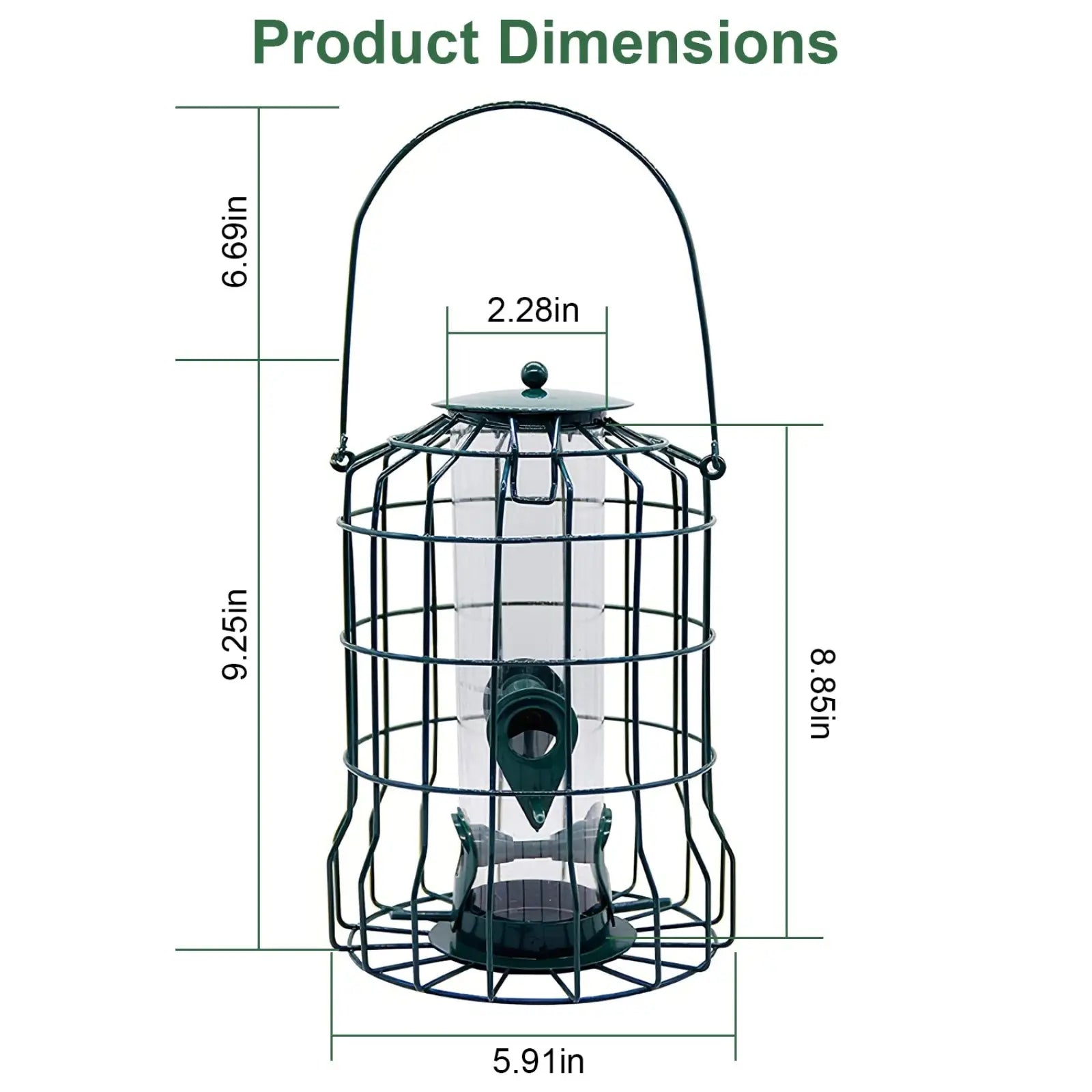 Squirrel proof metal bird feeder with green wire cage, clear plastic tube, and four black feeding ports