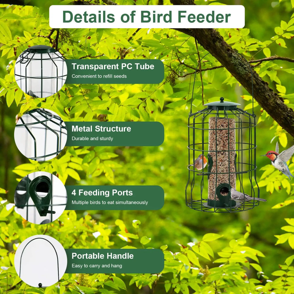 Green metal squirrel proof bird feeder with transparent pc tube filled with seeds and four feeding ports for birds