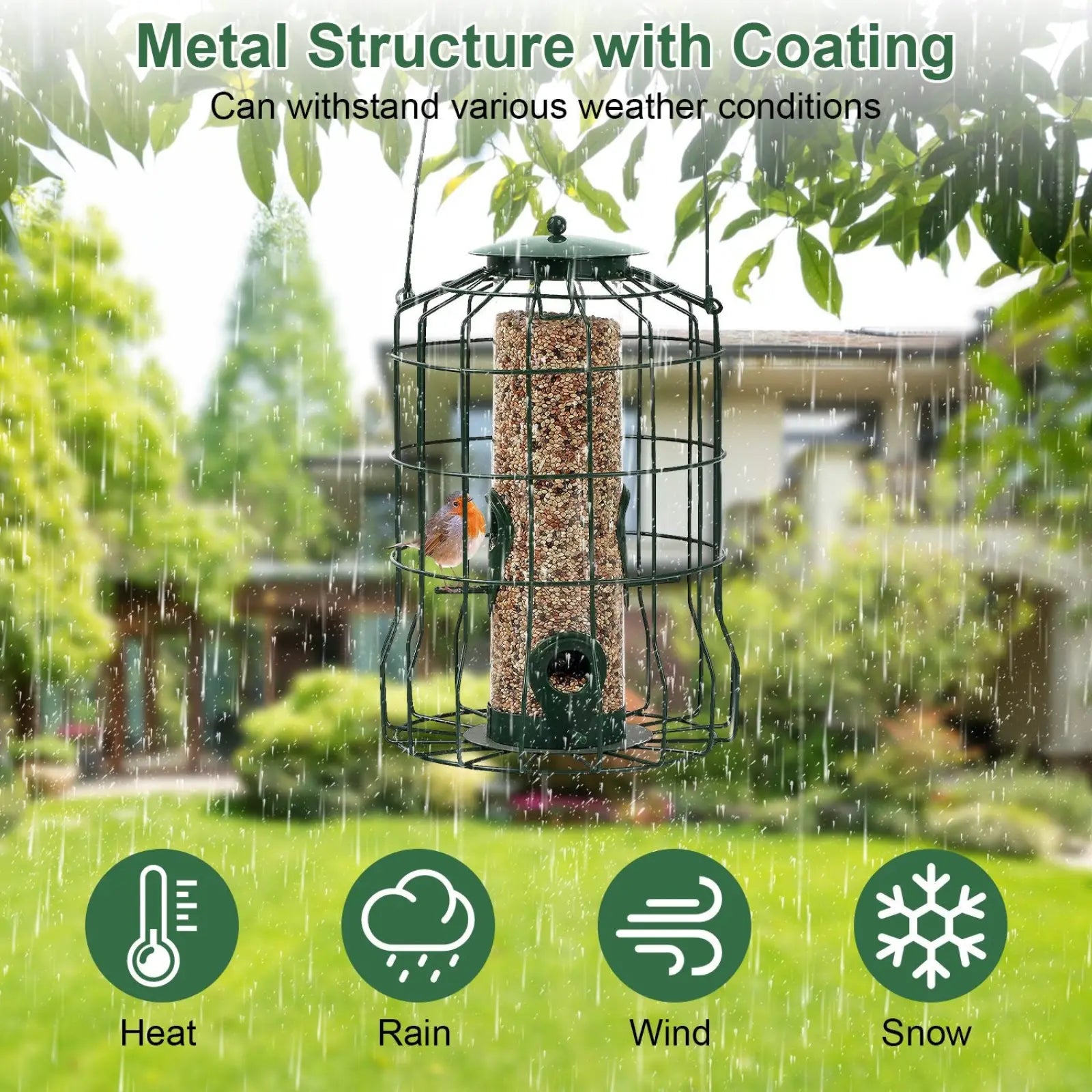 Durable black metal squirrel proof bird feeder with 4 ports and protective coating for heat rain wind and snow resistance
