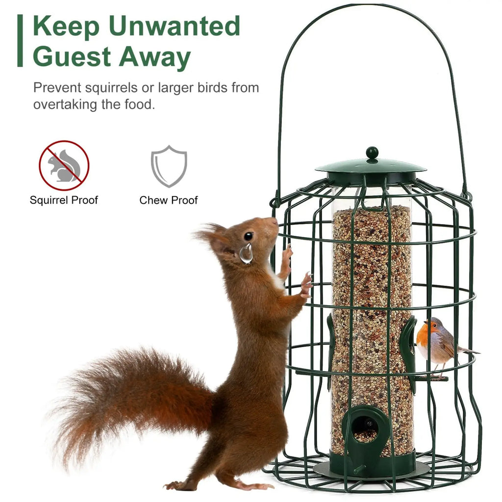 Green metal squirrel proof bird feeder with wire cage design and clear central seed tube with four feeding ports