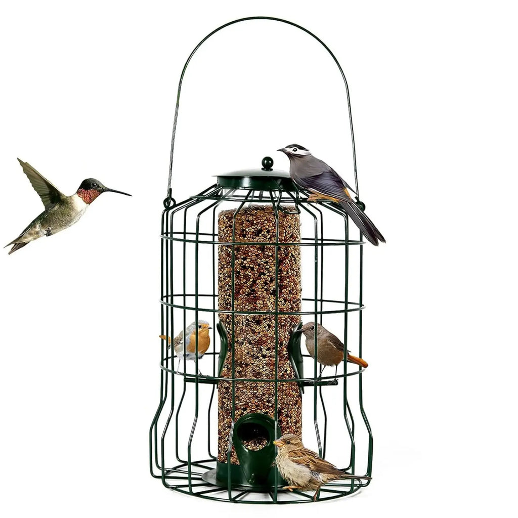 Green metal squirrel proof bird feeder with wire cage design hanging handle and four seed ports filled with mixed seeds