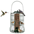 Green metal squirrel proof bird feeder with wire cage design hanging handle and four seed ports filled with mixed seeds