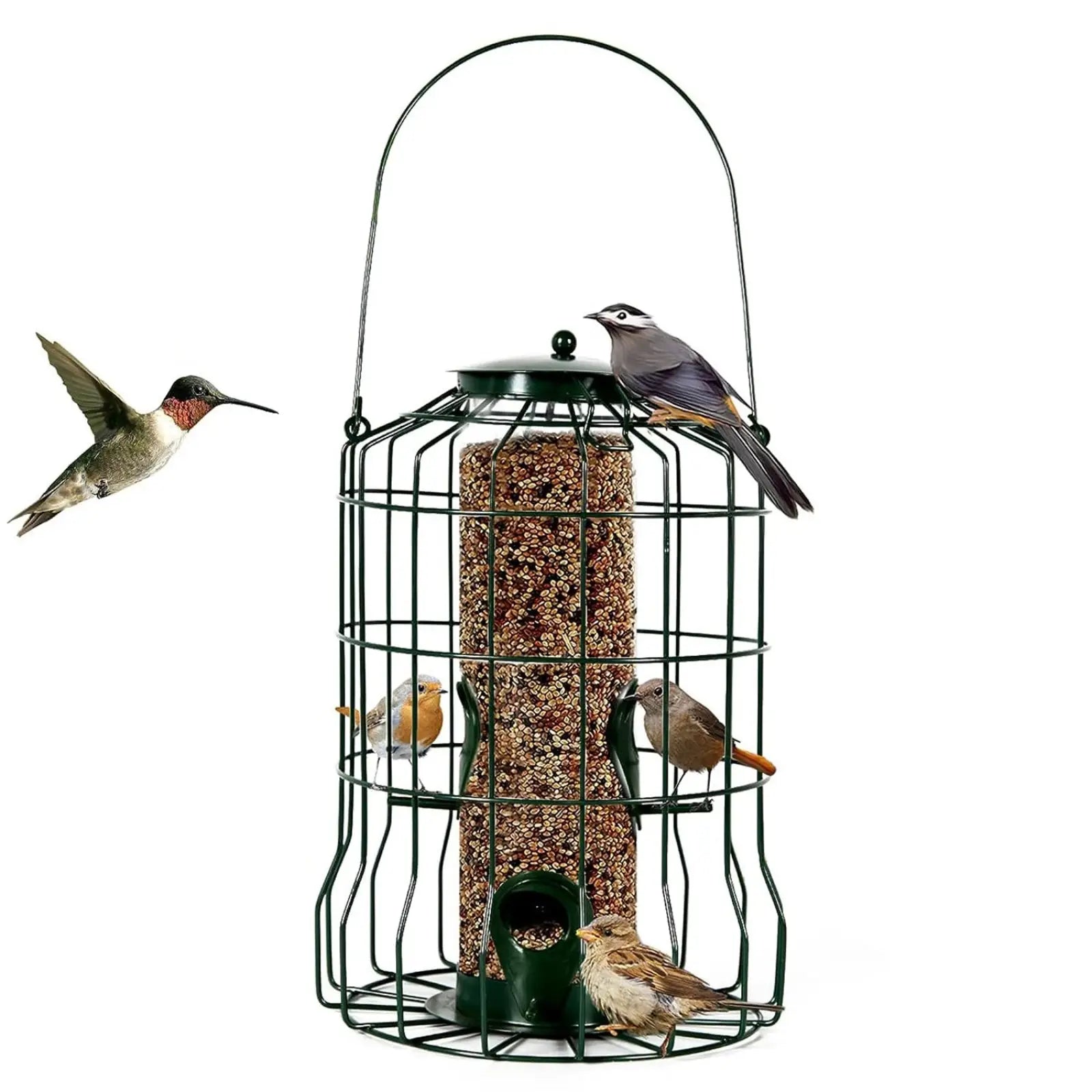 Green metal squirrel proof bird feeder with wire cage design hanging handle and four seed ports filled with mixed seeds