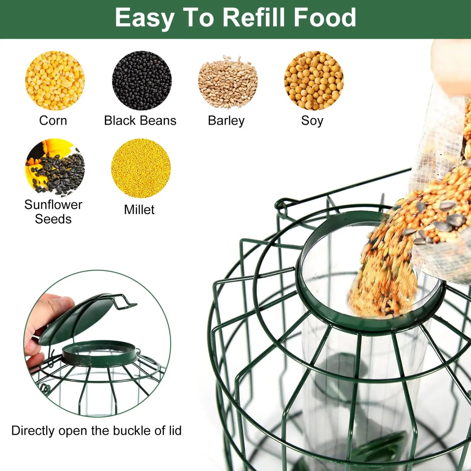 Green metal squirrel proof bird feeder with transparent chamber, removable lid, and four feeding ports in wire cage design