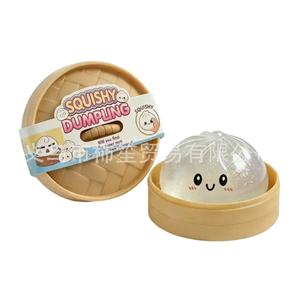 Transparent glittery squishy dumpling stress ball finished goods shaped like a cute cartoon bun in beige steamer container