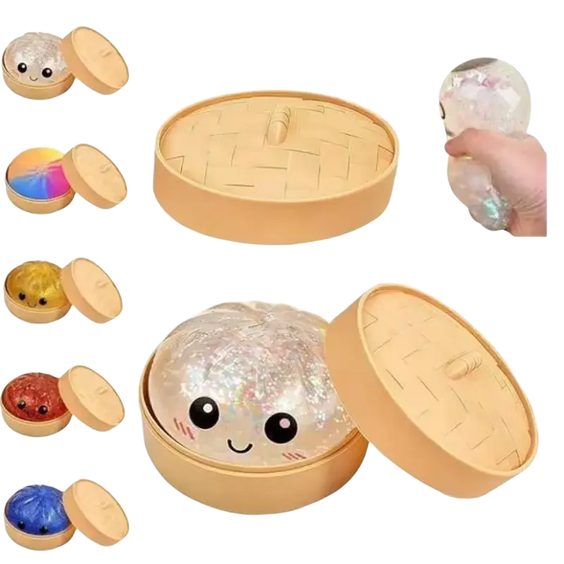 Clear glittery squishy dumpling stress ball with cute face inside woven bamboo steamer basket finished goods