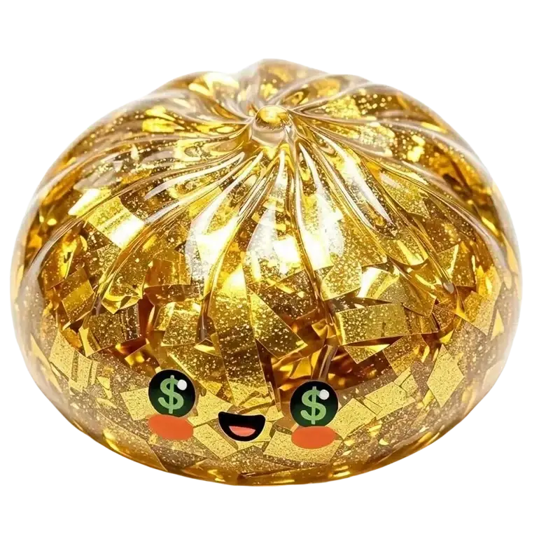 Golden translucent resin pumpkin filled with shimmering gold flakes and cute dollar sign eyes squishy dumpling finished goods