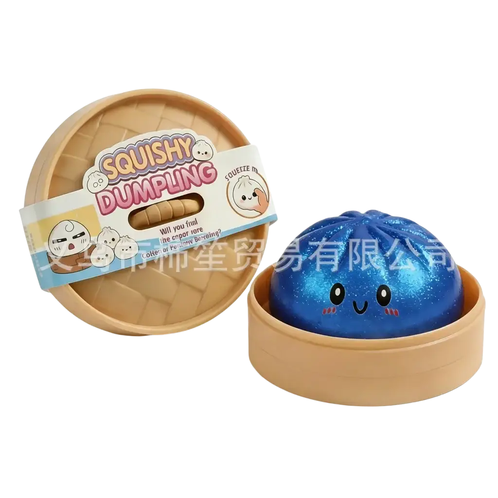 A shiny blue squishy dumpling stress ball finished goods inside a tan plastic steamer basket with a cute face