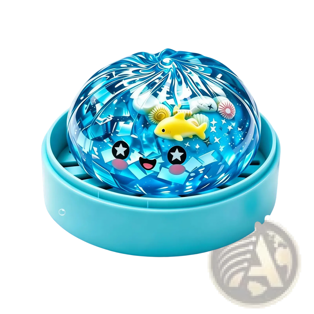 A translucent blue faceted spherical squishy dumpling stress relief toy with a cute cartoon face and miniature ocean creatures inside