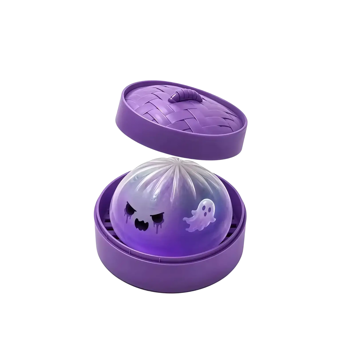 Purple plastic ghost-themed squishy dumpling stress toy in a matching purple woven lid container for dumpling stress relief