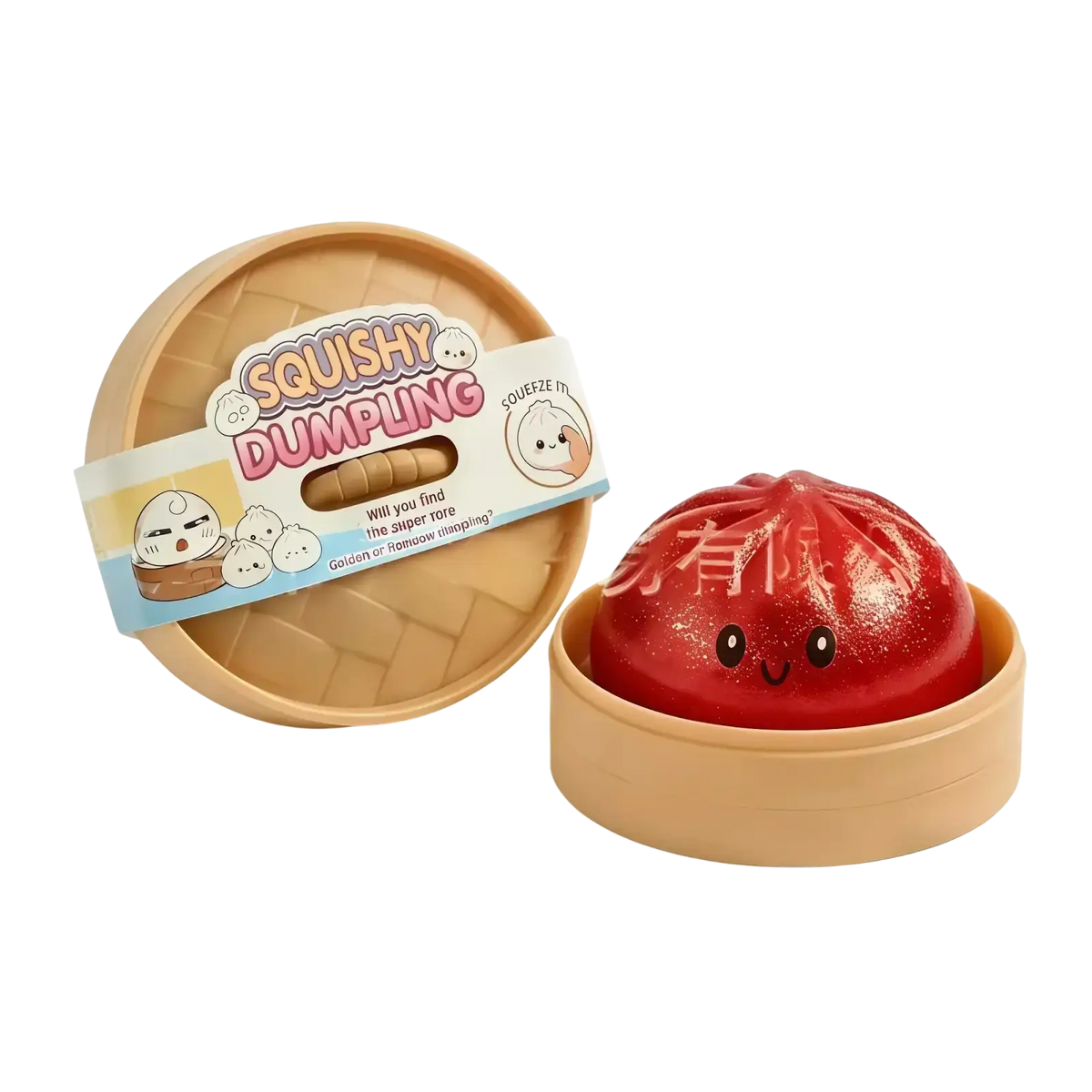 Red glittery squishy dumpling stress relief toy with smiling face inside beige bamboo steamer for dumpling stress relief