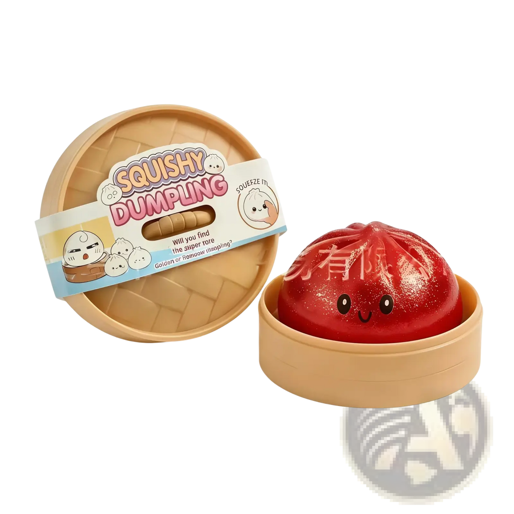 Red glittery squishy dumpling stress relief toy with a smiling face in a beige plastic steamer basket