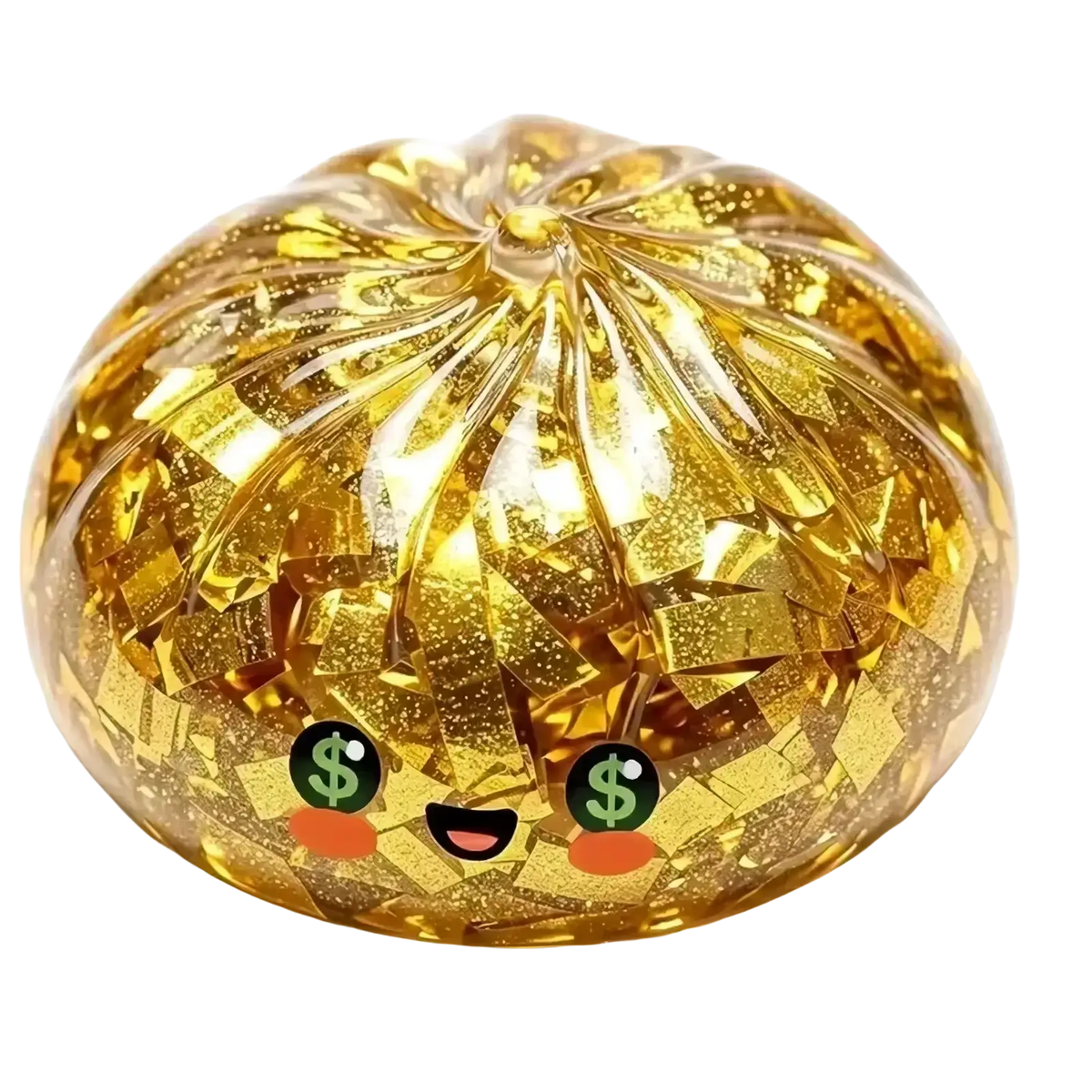 A shiny golden translucent squishy dumpling stress toy shaped like a pumpkin with glittery foil flakes and dollar sign eyes