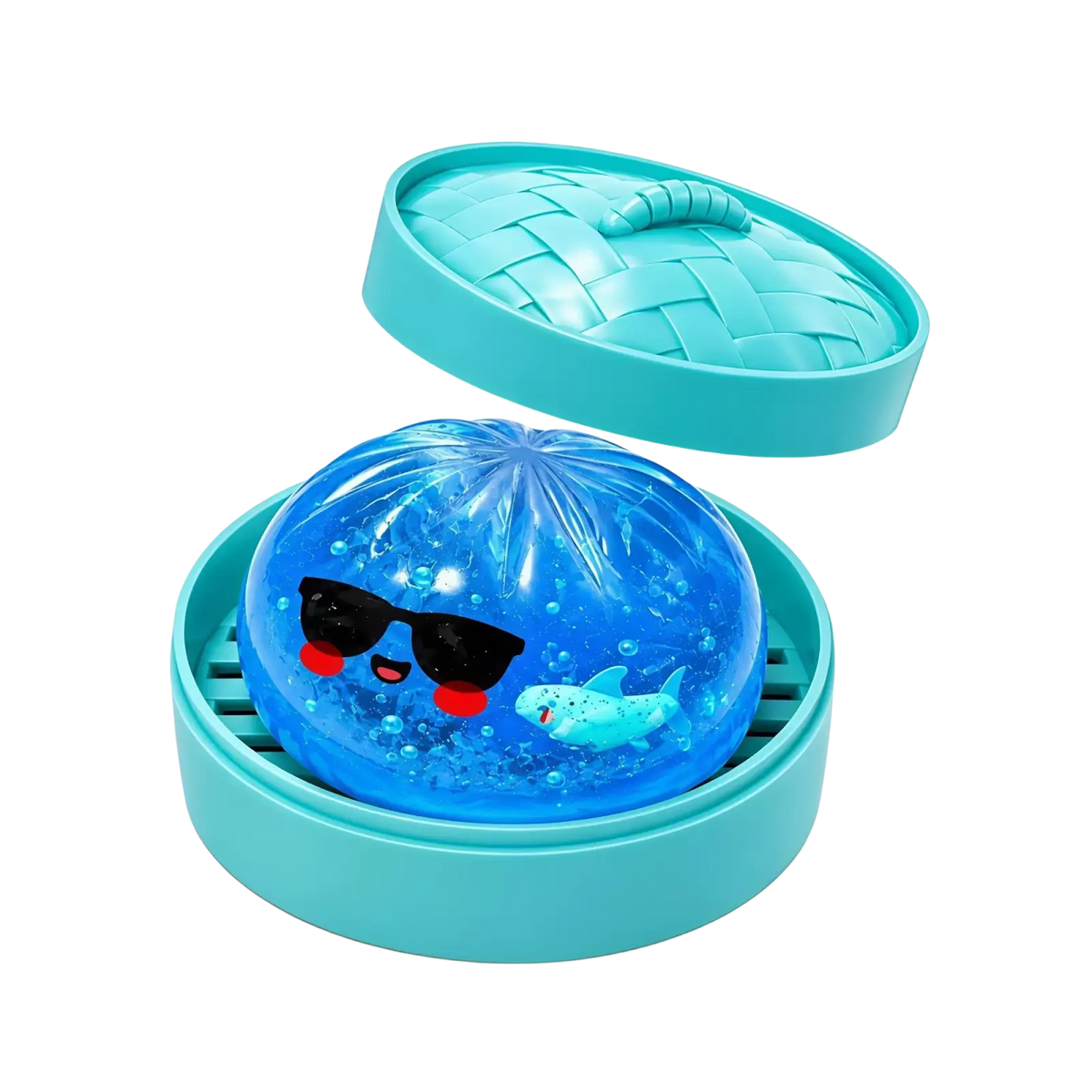 Teal plastic squishy dumpling stress relief toy with clear blue gel ball, sunglasses face, red cheeks, and small shark inside