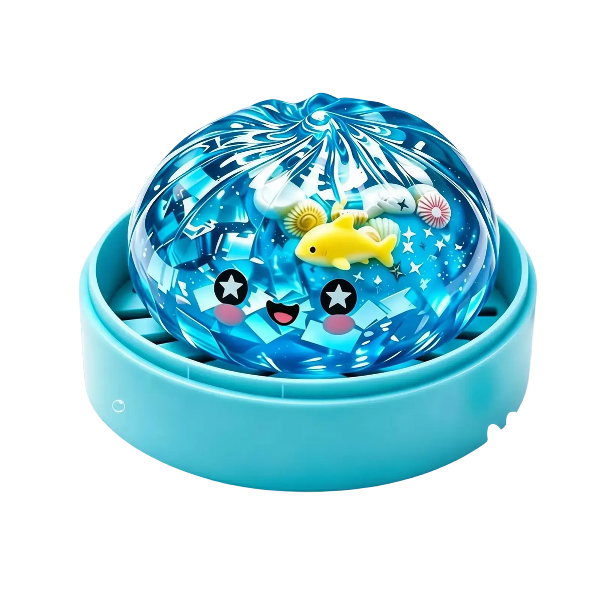Translucent blue faceted squishy dumpling stress relief toy with a smiling face and miniature sea creatures inside