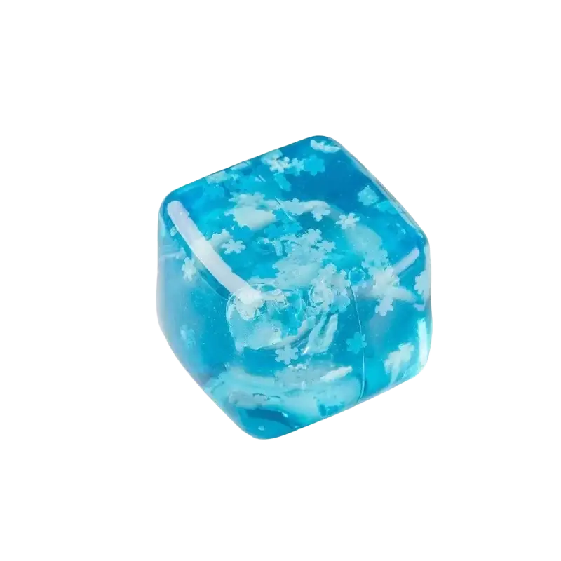 Translucent blue squishy snowflake ice cube with white patterns measuring 3cm for sensory fidget toy use