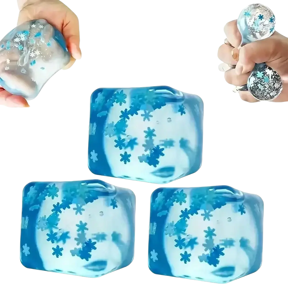 Blue snowflake patterned squishy stress ball with glitter made of soft sensory material for stress relief and play